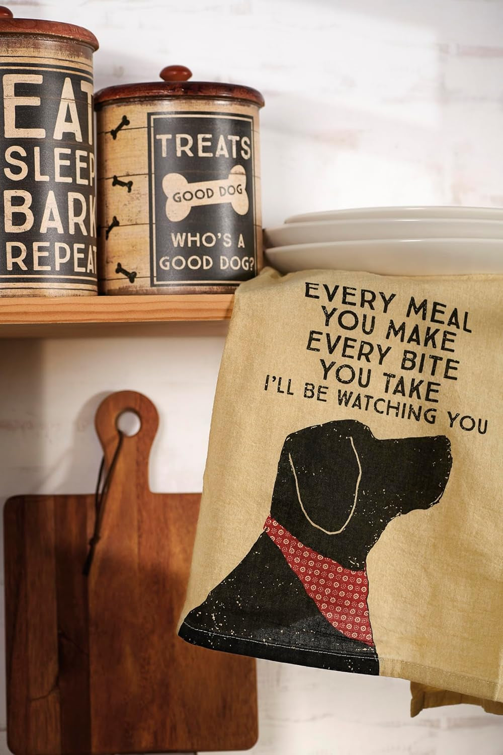 Funny Kitchen Towel, Gifts for Dog Lovers, Bandana Dog Every Meal You Make I’Ll Be Watching You, Machine Washable, 28 by 28 Inches, Rustic Pet Kitchen Décor, Tan Cotton