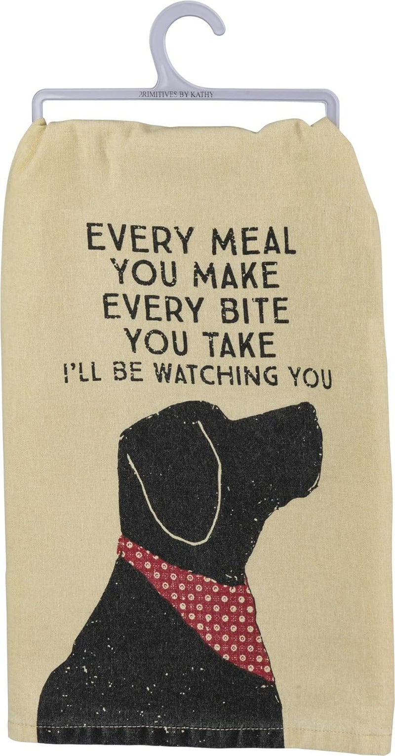 Funny Kitchen Towel, Gifts for Dog Lovers, Bandana Dog Every Meal You Make I’Ll Be Watching You, Machine Washable, 28 by 28 Inches, Rustic Pet Kitchen Décor, Tan Cotton